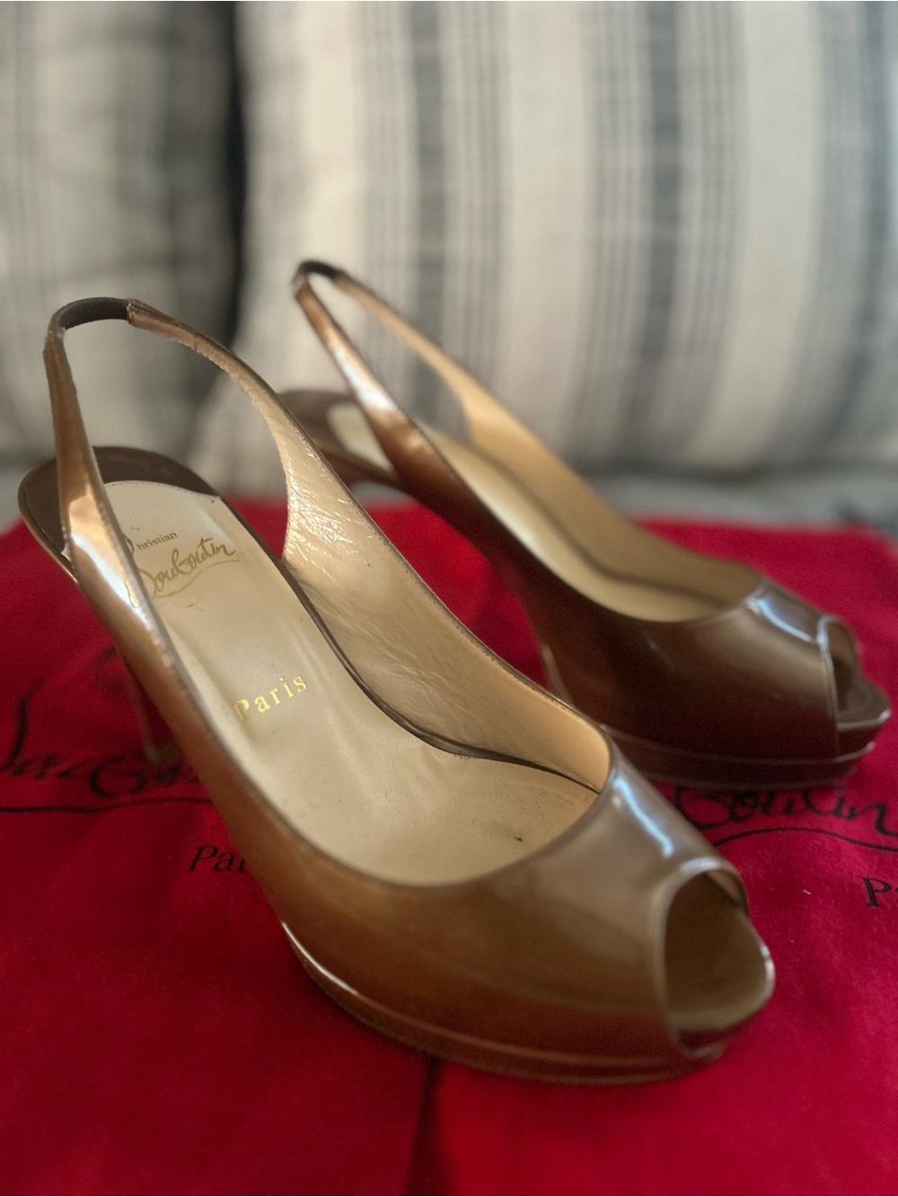 Christian Louboutin Brown Patent Peep-Toe Slingbacks